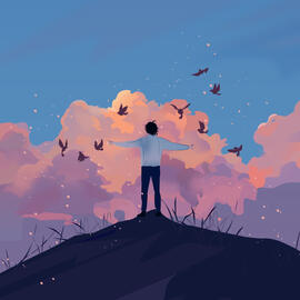 someone stands atop a hill with arms spread against a backdrop of pink and purple clouds and a blue sky. birds fly around him.